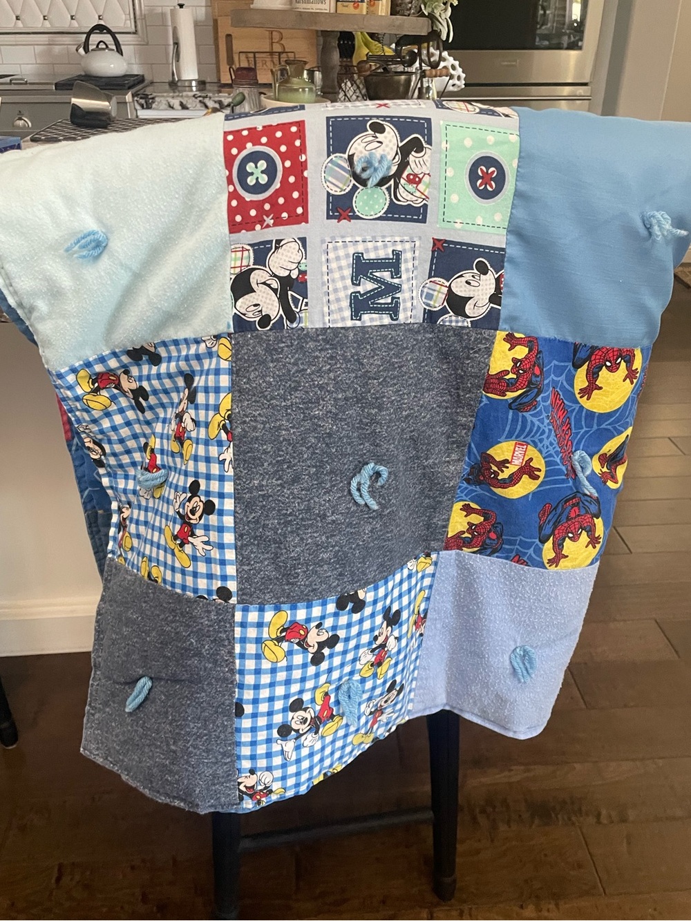 Handmade Patchwork Mickey Mouse, Spiderman, Bob the Builder Child’s Quilt 46”X46